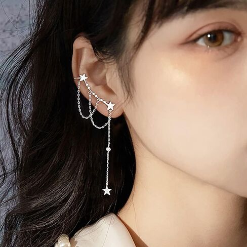 Reffeer Solid 925 Sterling Silver Star Cuff Earrings Chain Dangle for Women Girls Star Wrap Earrings Crawler in Saudi Arabia