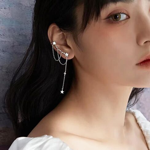 Reffeer Solid 925 Sterling Silver Star Cuff Earrings Chain Dangle for Women Girls Star Wrap Earrings Crawler in Saudi Arabia