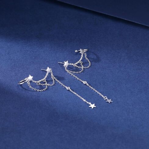 Reffeer Solid 925 Sterling Silver Star Cuff Earrings Chain Dangle for Women Girls Star Wrap Earrings Crawler in Saudi Arabia