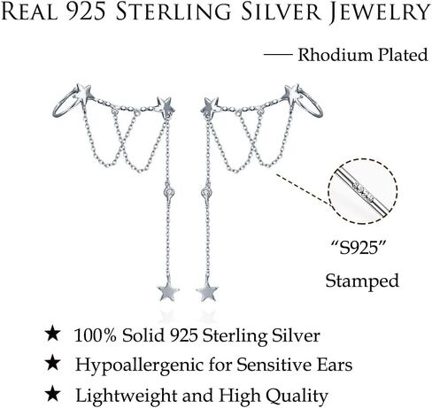 Reffeer Solid 925 Sterling Silver Star Cuff Earrings Chain Dangle for Women Girls Star Wrap Earrings Crawler in Saudi Arabia