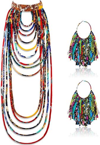 2 Pcs African Style Ankara Fabric Necklace African Fabric Tassel Earrings Set Long Multi Strand African Ankara Kente Necklace Handmade Ankara Fringe Hoop Earrings for Women African Jewelry Costume in Saudi Arabia