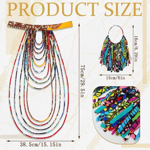 2 Pcs African Style Ankara Fabric Necklace African Fabric Tassel Earrings Set Long Multi Strand African Ankara Kente Necklace Handmade Ankara Fringe Hoop Earrings for Women African Jewelry Costume in Saudi Arabia
