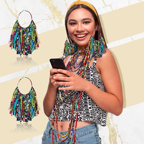 2 Pcs African Style Ankara Fabric Necklace African Fabric Tassel Earrings Set Long Multi Strand African Ankara Kente Necklace Handmade Ankara Fringe Hoop Earrings for Women African Jewelry Costume in Saudi Arabia