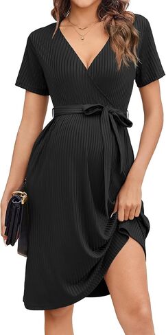 Ekouaer Women Short Sleeve Maternity Nursing Dress Casual V Neck Breastfeeding Loungewear Ribbed Knit Pregnancy Dresses S-XXL in Kuwait