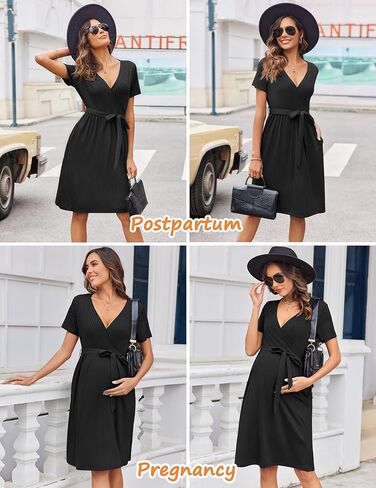 Ekouaer Women Short Sleeve Maternity Nursing Dress Casual V Neck Breastfeeding Loungewear Ribbed Knit Pregnancy Dresses S-XXL in Kuwait