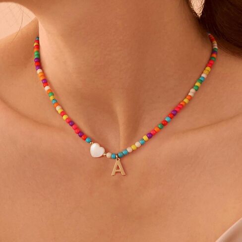 Ursteel Colorful Initial Cute Necklaces for Girls - Trendy Beaded Choker Necklace for Women Teen Girl, Personalized Letter Initial Gifts for Women Kids Jewelry in Saudi Arabia