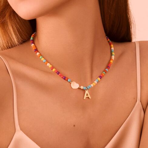 Ursteel Colorful Initial Cute Necklaces for Girls - Trendy Beaded Choker Necklace for Women Teen Girl, Personalized Letter Initial Gifts for Women Kids Jewelry in Saudi Arabia