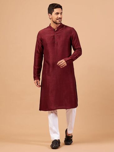 Mandarin Collar Plain Hue Maroon Indian Traditional Silk Kurta for Men in Saudi Arabia