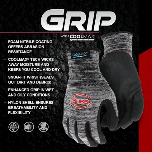BOSS Men's COOLMAX Technology with Sandy Nitrile Coated Palm, Enhanced Grip, Extreme Comfort, Wear Resistant, Black/Gray, Large (B31151-L) (Pack of 2) in Saudi Arabia