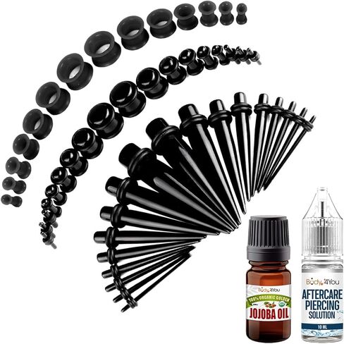 BodyJ4You 55PC Gauges Kit 14G-12mm - Aftercare Jojoba Oil, Saline Cleanser Drops - Black in Kuwait