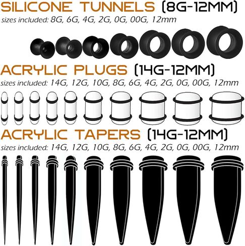 BodyJ4You 55PC Gauges Kit 14G-12mm - Aftercare Jojoba Oil, Saline Cleanser Drops - Black in Kuwait