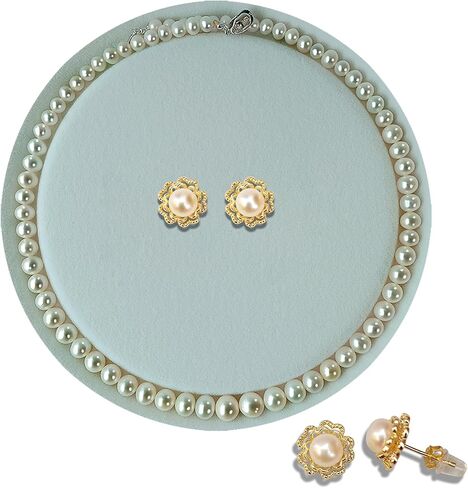 Weixinghera Pagoda Chain-Women's Genuine Pearl Necklace Set (AAAA Ivory Natural Cultured Pearls)|18in Pearl Necklace with 14K Gold Rim Pearl Sculpted Rose Earrings-925 Sterling Silver Clasp in Kuwait