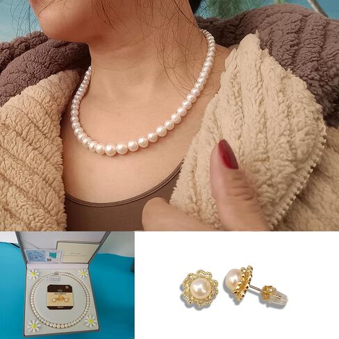 Weixinghera Pagoda Chain-Women's Genuine Pearl Necklace Set (AAAA Ivory Natural Cultured Pearls)|18in Pearl Necklace with 14K Gold Rim Pearl Sculpted Rose Earrings-925 Sterling Silver Clasp in Kuwait