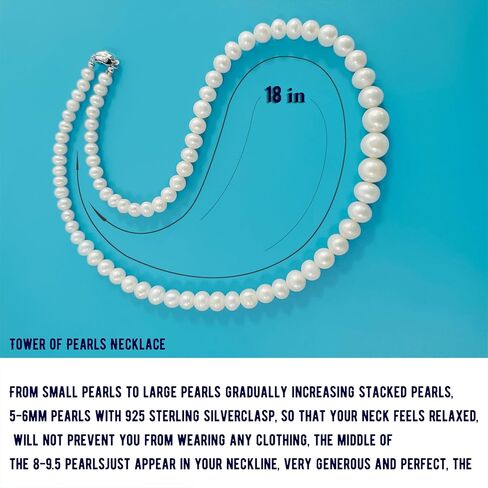 Weixinghera Pagoda Chain-Women's Genuine Pearl Necklace Set (AAAA Ivory Natural Cultured Pearls)|18in Pearl Necklace with 14K Gold Rim Pearl Sculpted Rose Earrings-925 Sterling Silver Clasp in Kuwait