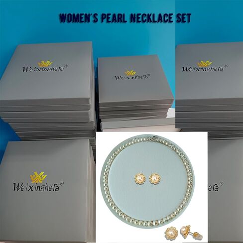 Weixinghera Pagoda Chain-Women's Genuine Pearl Necklace Set (AAAA Ivory Natural Cultured Pearls)|18in Pearl Necklace with 14K Gold Rim Pearl Sculpted Rose Earrings-925 Sterling Silver Clasp in Kuwait