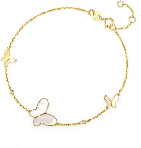 FANCIME 14K Solid Yellow Gold 0.022cttw Diamond White 1.338cttw Mother of Pearl Shell Butterfly Strand Bracelet Dainty Fine Jewelry Gift for Mom Women Wife Girls, 6+1 INCH in Saudi Arabia