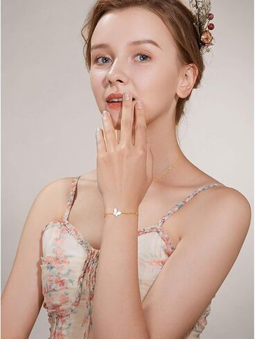 FANCIME 14K Solid Yellow Gold 0.022cttw Diamond White 1.338cttw Mother of Pearl Shell Butterfly Strand Bracelet Dainty Fine Jewelry Gift for Mom Women Wife Girls, 6+1 INCH in Saudi Arabia