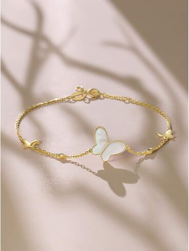 FANCIME 14K Solid Yellow Gold 0.022cttw Diamond White 1.338cttw Mother of Pearl Shell Butterfly Strand Bracelet Dainty Fine Jewelry Gift for Mom Women Wife Girls, 6+1 INCH in Saudi Arabia