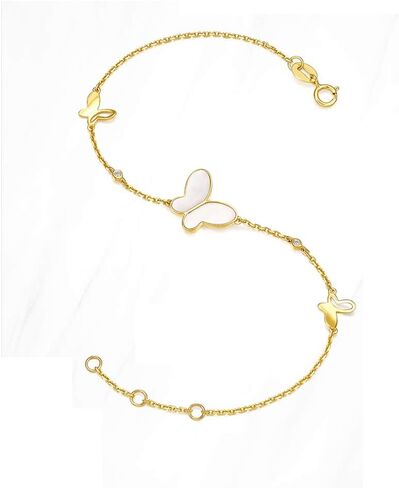 FANCIME 14K Solid Yellow Gold 0.022cttw Diamond White 1.338cttw Mother of Pearl Shell Butterfly Strand Bracelet Dainty Fine Jewelry Gift for Mom Women Wife Girls, 6+1 INCH in Saudi Arabia