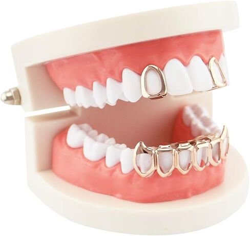18K Gold Plated Hip Hop Teeth Grillz Caps Open Face 2pcs Single Top and 6 Bottom Grills for Your Teeth Grillz Set for Men Women in Saudi Arabia
