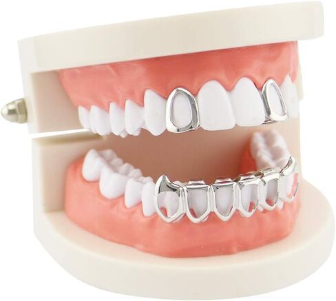 18K Gold Plated Hip Hop Teeth Grillz Caps Open Face 2pcs Single Top and 6 Bottom Grills for Your Teeth Grillz Set for Men Women in Saudi Arabia