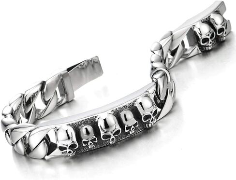 COOLSTEELANDBEYOND Mens Large Polished Steel Skull ID Identification Curb Chain Bracelet with Cross Clasp, Biker Gothic in Saudi Arabia