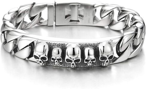 COOLSTEELANDBEYOND Mens Large Polished Steel Skull ID Identification Curb Chain Bracelet with Cross Clasp, Biker Gothic in Saudi Arabia