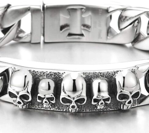 COOLSTEELANDBEYOND Mens Large Polished Steel Skull ID Identification Curb Chain Bracelet with Cross Clasp, Biker Gothic in Saudi Arabia