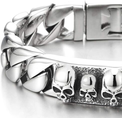 COOLSTEELANDBEYOND Mens Large Polished Steel Skull ID Identification Curb Chain Bracelet with Cross Clasp, Biker Gothic in Saudi Arabia