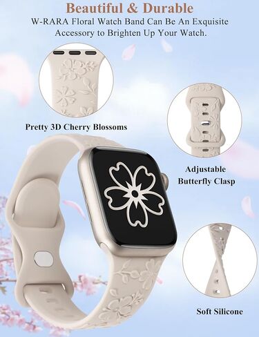 W-RARA Floral Engraved Band Compatible with Apple Watch Band 38/40/41/42/44/45/49mm Women, Cute Embossed Raised Cherry Blossoms Sport Replacement Strap for iWatch Series 9 8 7 6 5 4 3 2 1 SE Ultra in Saudi Arabia