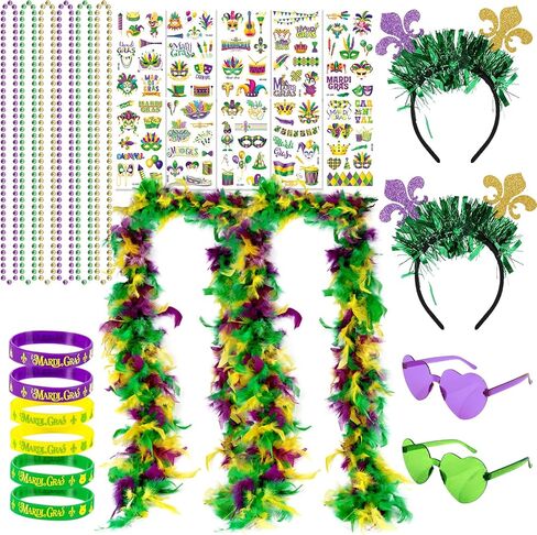 CAMDUCK 28 قطعة من إكسسوارات ماردي جراس، بوا ريش ماردي جراس، عصابة رأس، أساور مطاطية، نظارات شمسية، قلائد خرز، ملصقات وشم مؤقت، مستلزمات أزياء ماردي جراس in Kuwait