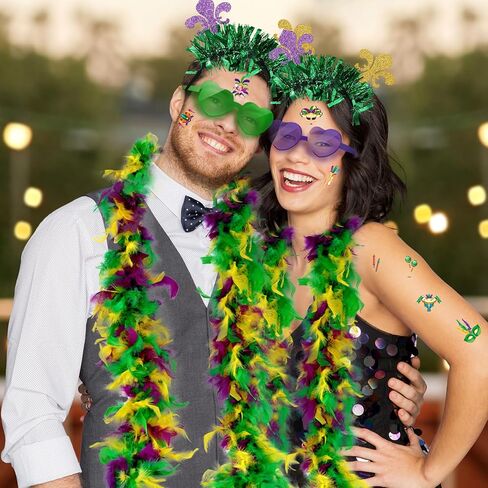 CAMDUCK 28 قطعة من إكسسوارات ماردي جراس، بوا ريش ماردي جراس، عصابة رأس، أساور مطاطية، نظارات شمسية، قلائد خرز، ملصقات وشم مؤقت، مستلزمات أزياء ماردي جراس in Kuwait