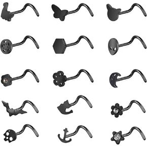 ZS 20G Black Nose Rings Nostril Studs for Women, Surgical Steel Nose Studs Ring L-Shaped, 20Pcs Halloween Bat Skull Corkscrew Nose Piercing Jewelry