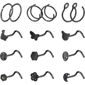ZS 20G Black Nose Rings Nostril Studs for Women, 20Pcs Surgical Steel Nose Studs Ring L-Shaped, Halloween Bat Skull Corkscrew Nose Piercing Jewelry