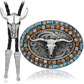 RechicGu 2 Pieces Turquoise Long Horn Bull Belt Buckles Vintage Western Cowboy Belt Buckle for Men Women, 2 Styles