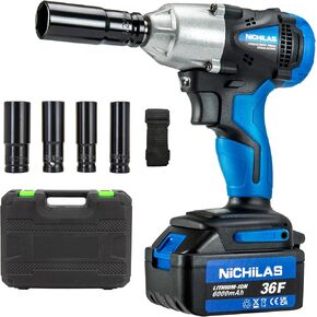 Nichilas Cordless Impact Wrench, 2 IN 1 Screwdriver Head, 21V electric power wrench, 420Nm High Torque, 4 pole motor, included Battery & Charger & Carrying Plastic Box