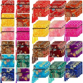 Zhengmy 50 Pcs Jewelry Silk Purse Pouch Gift Bags Bulk, Small Chinese Style Brocade Embroidered Bag with Zipper Snap for Women Girls Necklaces Earrings Bracelets 5 Colors