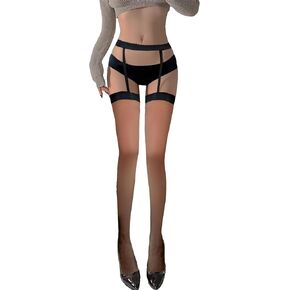 OYOANGLE Women's Cut Out Sheer Mesh Over the Knee Stockings Thigh High Garter Tights