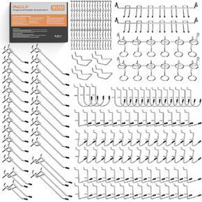 INCLY Pegboard Hooks Set for Hanging Tools, Heavy Duty Peg Hook Hanger & Holder Fit 1/4 1/8 Inch Pegboard for for Craft Assortment Garage Organizer Bins Attachment Peg Board Accessories