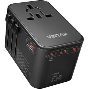 Universal Travel Adapter, VINTAR 75W GaN International Plug Adapter with 3 USB-C PD & 2 USB-A QC, All-in-one Travel Essentials for UK/EU/USA/AUS, Worldwide Power Adapter for Laptops Tablets Phones
