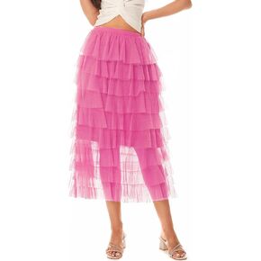 BDQING Women's Elastic Waist Tiered Layered Mesh Ballet Prom Party Tulle Tutu A-line Long Skirt