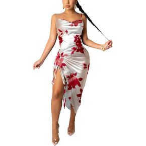 WUSENST Women's Spaghetti Strap Satin Dress Sexy Backless Drawstring Ruched Split Hem Cocktail Evening Party