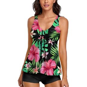 Omichic Modest Tankini Swimsuits for Women Two Piece Bathing Suits Top with Boyshorts Tummy Control Swimming Purple Small