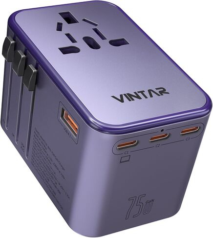 محول السفر العالمي، محول القابس الدولي VINTAR 75W GaN مع 3 USB-C PD و2 USB-A QC، أساسيات السفر الكل في واحد للمملكة المتحدة/الاتحاد الأوروبي/الولايات المتحدة الأمريكية/أستراليا، محول طاقة عالمي لأجهزة الكمبيوتر المحمولة والأجهزة اللوحية والهواتف in Kuwait