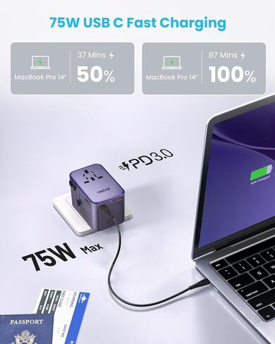 محول السفر العالمي، محول القابس الدولي VINTAR 75W GaN مع 3 USB-C PD و2 USB-A QC، أساسيات السفر الكل في واحد للمملكة المتحدة/الاتحاد الأوروبي/الولايات المتحدة الأمريكية/أستراليا، محول طاقة عالمي لأجهزة الكمبيوتر المحمولة والأجهزة اللوحية والهواتف in Kuwait