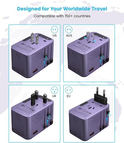محول السفر العالمي، محول القابس الدولي VINTAR 75W GaN مع 3 USB-C PD و2 USB-A QC، أساسيات السفر الكل في واحد للمملكة المتحدة/الاتحاد الأوروبي/الولايات المتحدة الأمريكية/أستراليا، محول طاقة عالمي لأجهزة الكمبيوتر المحمولة والأجهزة اللوحية والهواتف in Kuwait