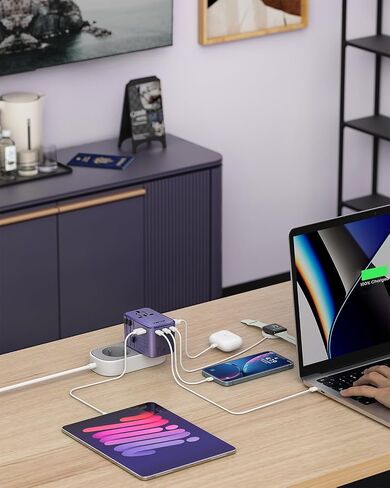 محول السفر العالمي، محول القابس الدولي VINTAR 75W GaN مع 3 USB-C PD و2 USB-A QC، أساسيات السفر الكل في واحد للمملكة المتحدة/الاتحاد الأوروبي/الولايات المتحدة الأمريكية/أستراليا، محول طاقة عالمي لأجهزة الكمبيوتر المحمولة والأجهزة اللوحية والهواتف in Kuwait