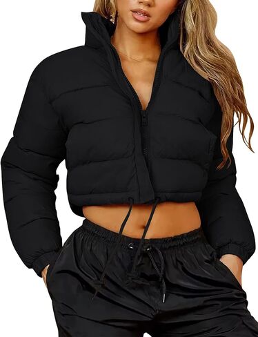 Flygo Women Cropped Puffer Jacket Winter Long Sleeve Quilted Puffy Bubble Padded Short Coats with Drawstring in Kuwait