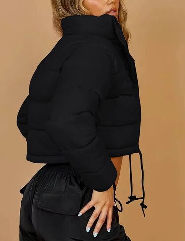 Flygo Women Cropped Puffer Jacket Winter Long Sleeve Quilted Puffy Bubble Padded Short Coats with Drawstring in Kuwait