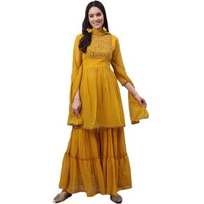 DREAMANGEL FASHION Womens Georgette Party Wear Embroidered Full Sleeve Kurta and Sarara With Dupatta